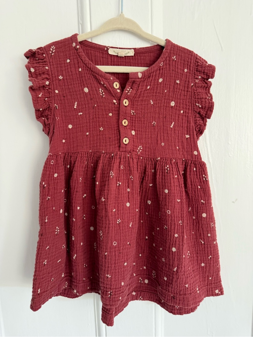Girls' Burgundy Cotton Gauze Ruffle-Sleeve Button Front Top